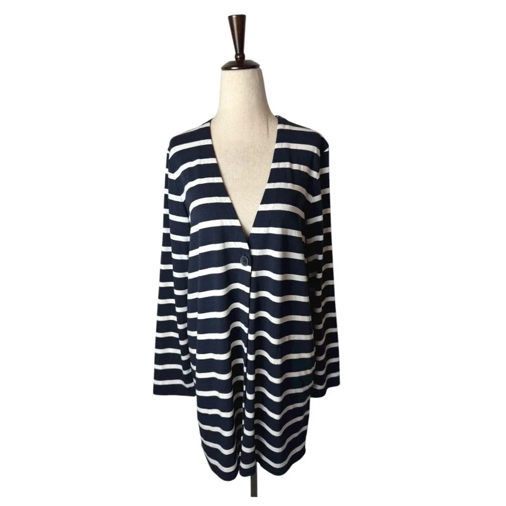 J Jill Jacket Women Small Navy Blue White Striped Jersey Knit‎ One Button Preppy